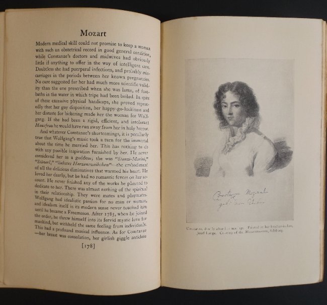 Davenport, Mozart, 1st/1st 1932 illustrated: "Mozart", by Marcia Davenport, First Edition, First printing published by Charles Scribner, NY in 1932. Many b/w full page illustration on glossy paper. Points of 1st/1st: '1932' is imprinted on botto