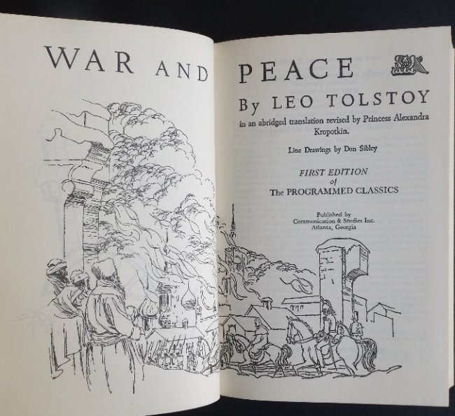Leo Tolstoy, War and Peace, 1st Classics 1960s: "War and Peace", by Leo Tolstoy, in an abridged translation revised by Princess Alexandra Kropotkin, stated First Edition of the Programmed Classics, published by Communication and Studies Inc., Atlan