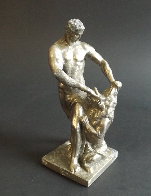 Samson tearing the Lions Jaws, Russian Figurine 1970s: "Samson tearing the Lion's Jaws", a miniature copy of the sculpture by Michael Koslovsky, 1970s, Russia. The original sculpture is located at the park of Peterhof Palace. Sculptural group of the fount