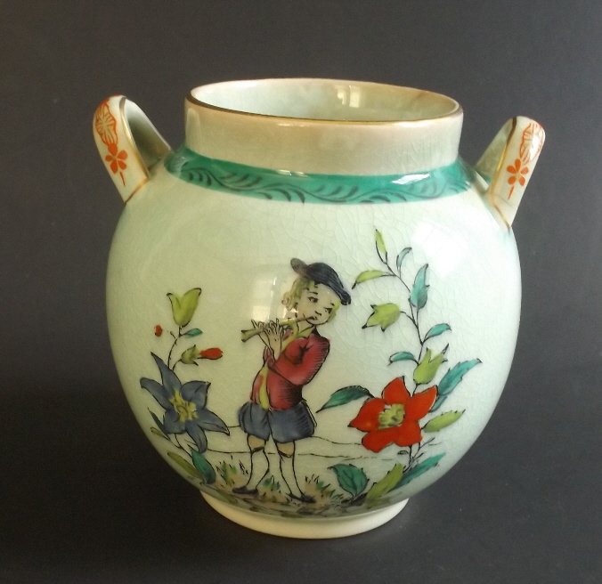 Rococo Decorated Jar, Adams Porcelain, England 1920s: Antique Rococo Decorated Jar/Vase, 'Adams Porcelain, England', 1920s. Hand painted young man plying the flute in the garden on one side of the jar, the young Rococo lady is on the other side. Adams po