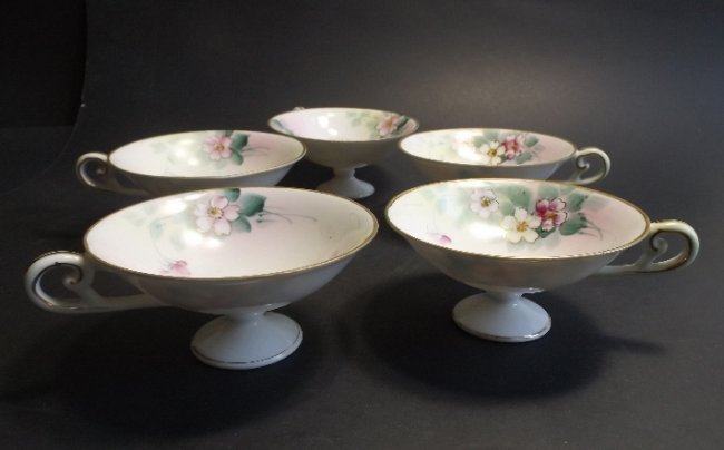 Nippon Tea set, 5 eggshell porcelain cups 1891-1921: Antique Set five tea cups, translucent eggshell porcelain, cream-white glaze, hand painted, Nippon mark used 1891-1921. Rates vary per zone or country. We will include adjusted shipping costs with the