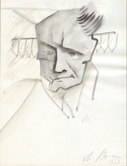 Andrei Bely, Russian Poet, Drawing 1973 signed: "Andrei Bely" aka Boris Nikolaevich Bugaev, by Vadim Moroz; drawing, black ink on paper; signed and dated 1973. Boris Nikolaevich Bugaev, [pen name Andrei Bely], (26. Oct. 1880 - 8. Jan. 1934), was a 