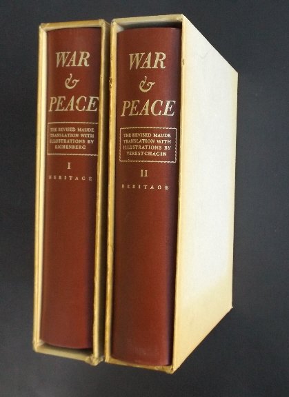 Leo Tolstoy, War and Peace, Maude Transl. 2v. 1938 ill.: "War and Peace", by Leo Tolstoy, revised Louise and Aylmer Maude Translation, published by The Heritage Press, New York, copyright 1938. Complete two volume set in slip-cases, illustrated by Fritz Eic