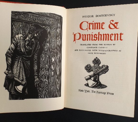 Dostoevsky, Crime & Punishment, wood engravings 1938: "Crime and Punishment", by Fyodor Dostoevsky, translated from the Russian by Constance Garnett with an introduction by Laurence Irving and illustrated with 20 wood-engravings by Fritz Eichenberg, publ