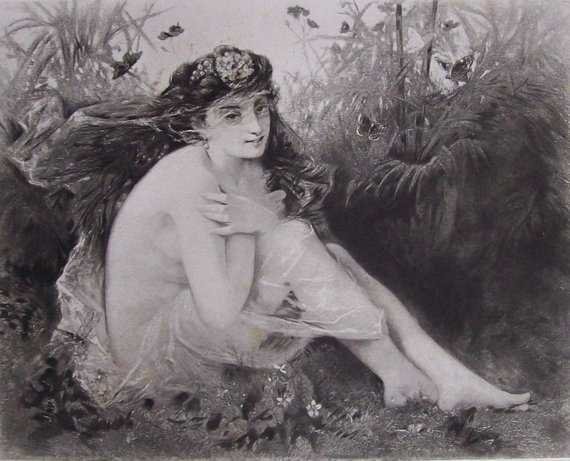 Achille Laurens, Violette, Nude Girl 1881 Goupil: "Violette", a vintage, genuine photogravure after the painting by Achille Laurens [1845-?], engraved by Goupil, 1881; printed on heavy stock paper; signed in plate "A. Laurens, Pinx." and "Gravure Gou