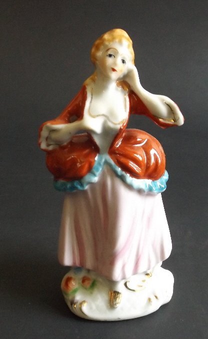 Rococo Lady figurine, Occupied Japan 1947-52: Vintage Rococo Lady, hand-painted porcelain figurine, marked 'Made in Occupied Japan', [1947-1952]. US: Priority (c 2-4 days) --------- $9.50 Canada: 1st Class (c. 2-6 weeks) -- $22.50 World: 1st Clas