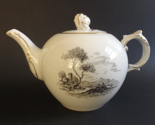 Fuerstenberg Porcelain Rococo Teapot, 1880/90s: Antique porcelain teapot / coffee pot, Fuerstenberg Rococo pattern, the first pattern created at the beginning of the company in 1747 with dark-gray and gold Rococo style decorations. The mark, "F" un