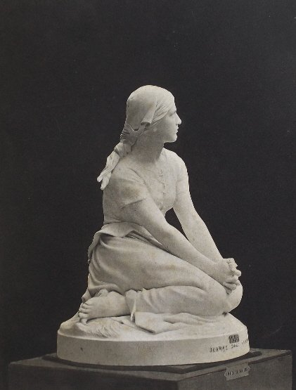 Chapu, Joan of Arc at Domremy, Engraving Goupil 1881: "Joan of Arc at Domremy" engraving after the sculpture by Henri-Michel-Antoine Chapu, engraved by Goupil, original photogravure plate issued in 1881; printed on heavy stock paper; signed in plate "H.M