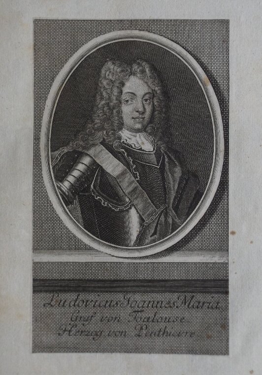 Duke Louis Jean Marie de Bourbon, by Bernigeroth 1755: Antique c.1755 Engraving. Portrait of Louis Jean Marie de Bourbon, Duke of Penthievre [1725-1793], half-length, turned to the right and looking to viewer, wearing periwig, armor and sash, with cloak o
