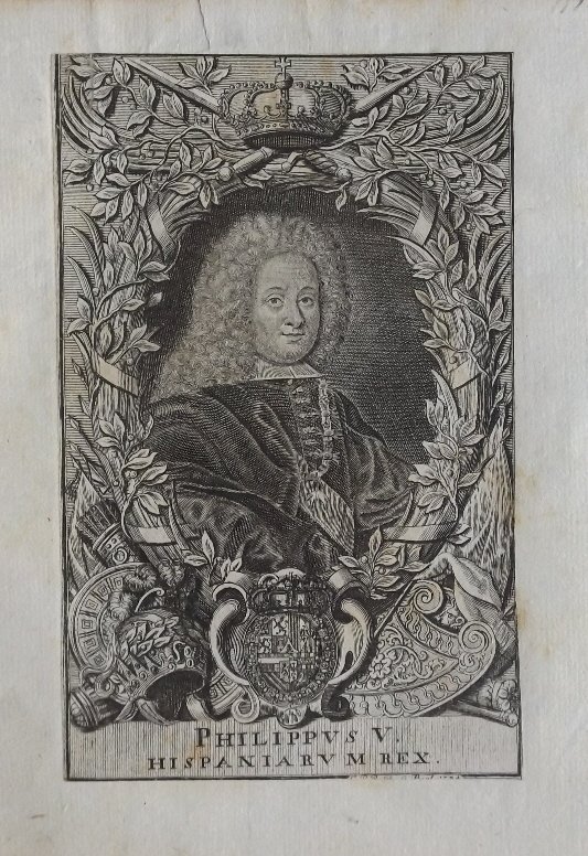 King Philip V of Spain by Georg Paul Busch 1734: Antique 1734 Copper Engraving Portrait of Philip V. King of Spain [1683-1746), copper engraving, by Georg Paul Busch, dated 1735, coat of arms; emblem, the crown, sword, and Knightly Order of the Gold