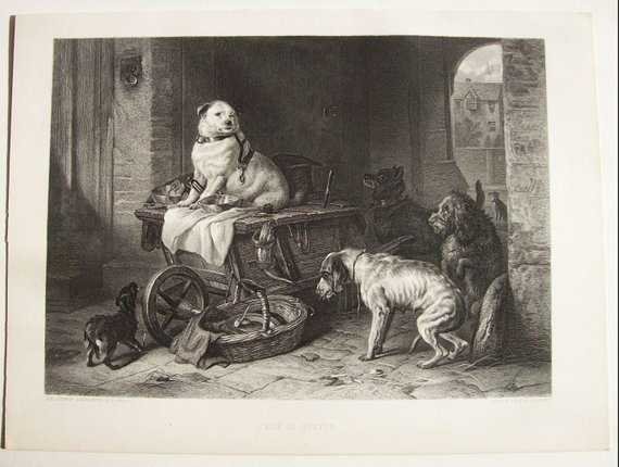 Edwin Henry Landseer, Jack in Office, Dogs 1873: "Jack in Office", by Sir Edwin Henry Landseer [1802-1873]; engraved by Charles George Lewis [1808-1880]; genuine engraving on steel, printed on high quality heavy stock paper; undated, 1873, signed in