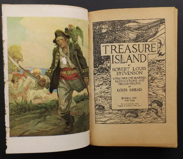Stevenson, Treasure Island, Louis Rhead illustr 1940s: "Treasure Island", by Robert Louis Stevenson, illustrated by Louis Rhead, published by Books Inc., New York, undated [1947]; copyright 1915 by Harper; 1943 by Louis Rhead. Louis John Rhead (1857-1926)