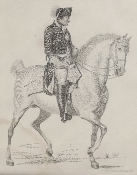Prussian King Frederick the Great 1864 engraving: Prussian King Frederick the Great age 73, engraved by J. Browne, London 1864, published by Chapman and Hall, 1865, signed in plate "J. Browne, sculpsit London 1864." The original title bellow the pict