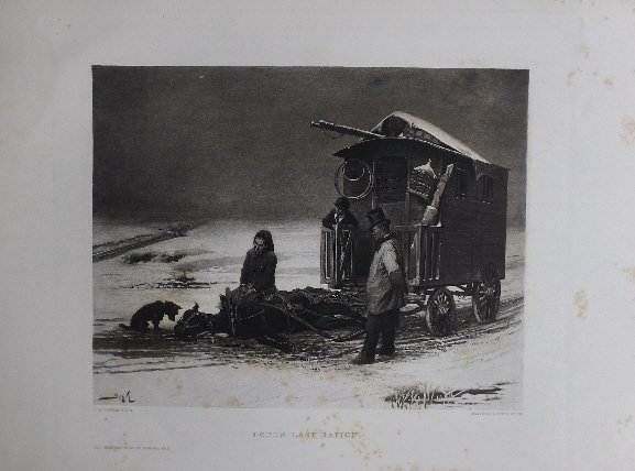 Pierre Marie Beyle, Cocos Last Ration 1878 Engraving: Antique 1881 Photogravure "Coco's Last Ration" ['Last Resting Place of Coco'], engraving after the 1878' painting by Pierre-Marie Beyle, engraved by Goupil, genuine photogravure plate issued in 1881; 
