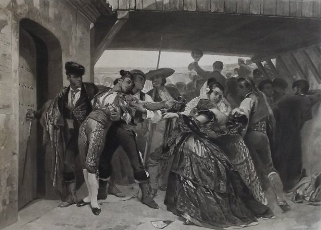 Pierre Giraud, Devisa, Matador, photogravure 1881: "The Devisa" [injured matador / toreador], a genuine photogravure after the painting by Pierre Francois Eugene Giraud [1806-1881], engraved and etched by Goupil, 1881; printed on heavy stock paper; si