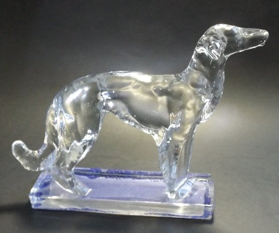 Borzoi, Greyhound Viking Glass Dog Figurine Art Deco: Borzoi or Greyhound, Viking Glass figurine, 1940s-1950s. The heavy figurine is made out of high quality crystal-like glass. The New Martinsville Glass Manufacturing Company operated between 1901 and 1