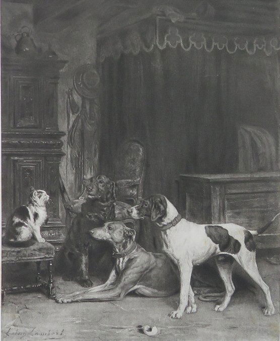 Louis-Eugene Lambert, Jack, Sam, Shot and Puss, 1882: "Jack, Sam, Shot and Puss" from the original 1875' painting by Louis-Eugene Lambert, engraved by Goupil, original photogravure plate issued in 1882; printed on heavy stock paper; signed in plate "L. E