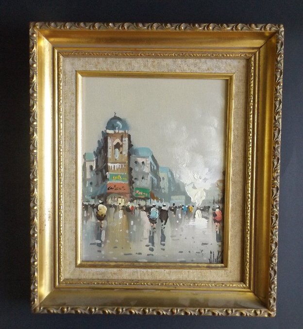 Antonio De Vity, Paris Boulevard on Rainy Day 1960s-70s: Impressionist Paris painting by listed artist. "A Paris' Boulevard on Rainy Day", by Antonio De Vity, oil on stretched canvas, c. 1960s-70s; De Vity's signature at the lower right corner, the seal sta