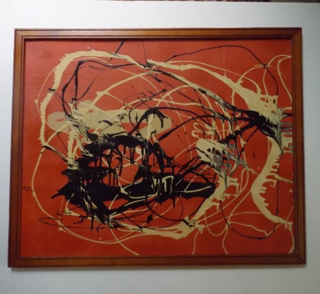 John Holmes, Abstract Expressionist Composition 1950s: "Abstract Expressionist Composition "1:45", by John Holmes, 1950s-early 1960s, oil on canvas board, pencil signature on the back, "John Holmes, 1:45". The canvas board has a TARA logo on the back. Ame