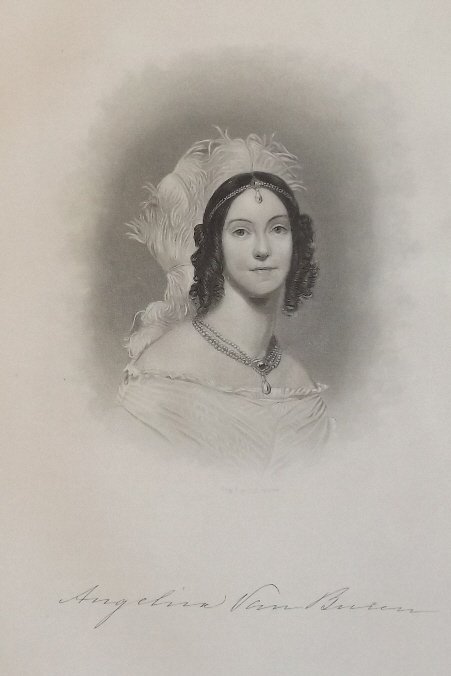 Portrait of Angelina Van Buren, engraved by Buttre 1870: Portrait of Angelina Van Buren, and facsimile of her signature, 1870s line and stipple engraving signed in plate "Eng. J.C. Buttre". Sarah Angelica Van Buren (Singleton; February 13, 1818 - December 2