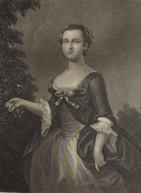 1st Lady Martha Washington, Buttre after Wollaston: Portrait of Martha Washington as a young women after a painting by John Wollaston, with facsimile of her signature, 1870s stipple and line engraving signed in plate "Painted by Wollaston / Eng. J.C. B