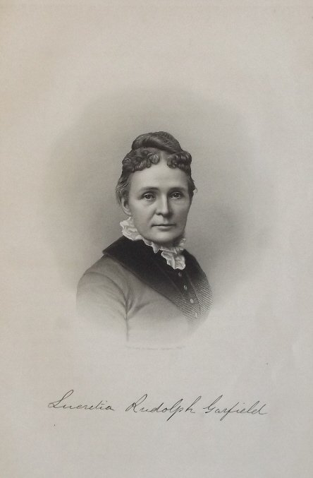 1st Lady Lucretia Rudolph Garfield, engraved by Sartain: Portrait of Lucretia Rudolph Garfield with facsimile of her signature, genuine 1870s stipple and line engraving, signed in plate "Engraved by Samuel Sartain, Phila". Lucretia Garfield (Rudolph; April 