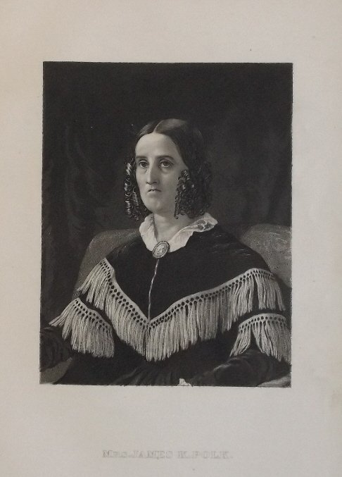 1st Lady Sarah Childress Polk, James K Polk, engraving: Portrait of Sarah Childress Polk, 1870s stipple engraving and etching, unsigned. Sarah Polk ( September 4, 1803 - August 14, 1891) was the First Lady of the United States from 1845 to 1849. She was th
