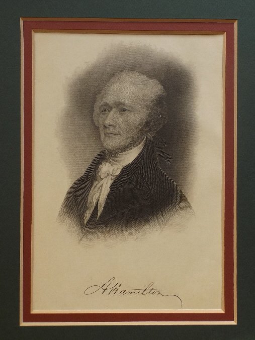Alexander Hamilton Founding Father of US engraving 1870: Portrait of Alexander Hamilton with his facsimile signature, stipple and line engraving on steel, 1870s, picture mat and wooden glass frame. Alexander Hamilton (1755 or 1757 Â– 1804) was an America