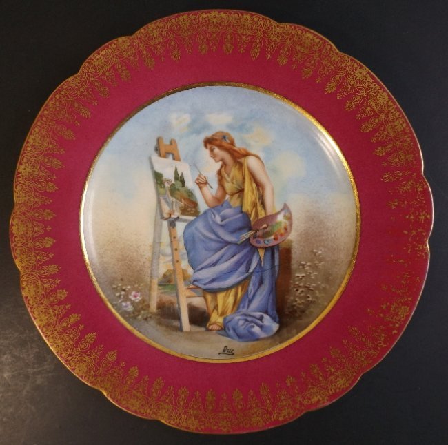 Muse of Painters Visual Arts Limoges Porcelain Plate: Antique Neoclassical Limoges porcelain plate 1890s-1900s. "Muse of Painters and Visual Arts" [not associated with original Greek Muses]. Transfer, original artist's signature "Duc". The plate was crea