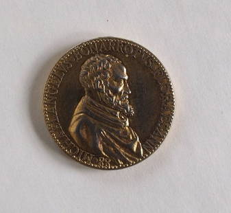 Leone Leoni, Michelangelo medal, German 19th cent. copy: German 19th century facsimile reproduction of the Michelangelo medal created by the sculptor Leone Leoni in 1560. The portrait of Michelangelo on one side and pilgrim led by a dog, the symbol of faith