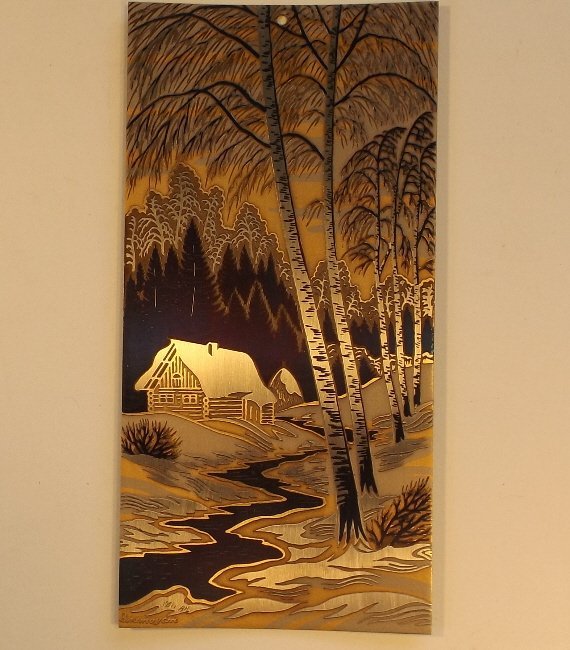 Art Nouveau Russian Landscape Gold Plated Steel: "Russian Landscape" with a log cabin, birch and pine trees, a creek running through, some snow covering the roof of the house and the ground. Engraved bulat steel, gold and nickel plated, engraved "Zl