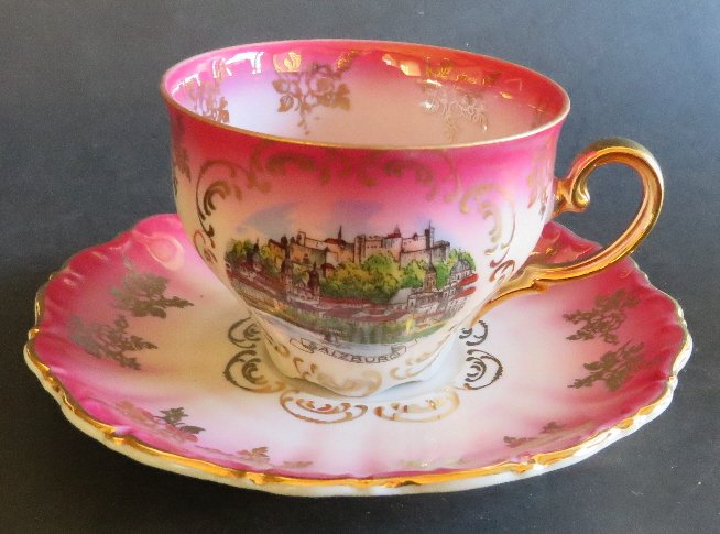 Austrian Baroque, porcelain cup saucer, Salzburg 1950s: Salzburg porcelain cup with saucer in Austrian Baroque style, decorated with gold and cranberry-red; marked by Seltmann Weiden, Bavaria, W. [West] Germany, 1950s-1960s. Seltmann brothers established p