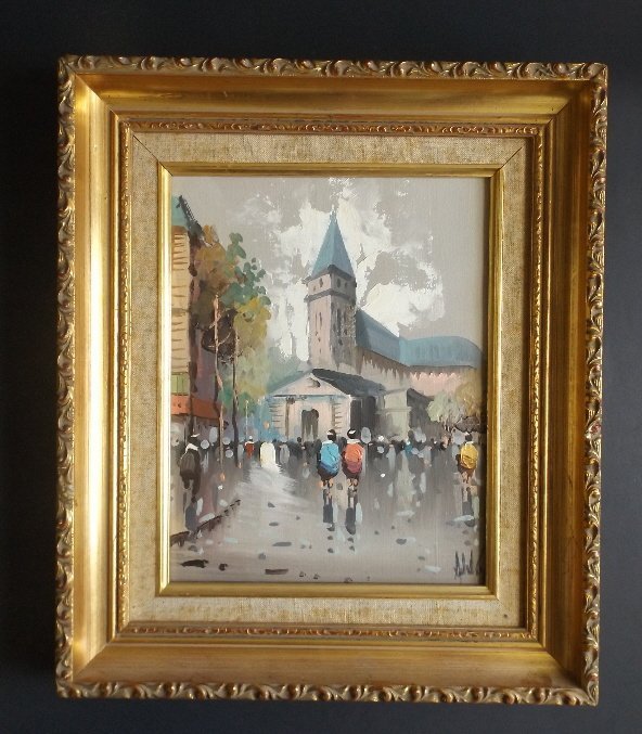 Antonio De Vity, Church of Saint-Germain-des-Pres 1960s: Impressionist Paris painting by listed artist. "The Church of Saint-Germain-des-Pres, Paris", by Antonio De Vity, oil on stretched canvas, c. 1960s-70s; De Vity's signature at the lower right corner, 