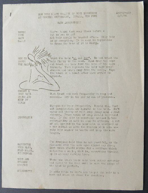 Hair Arrangement 1936 mimeograph printed 5-page paper: Hair Arrangement, original 1936' mimeograph printed 5-page instructional paper by the New York State College of Home Economics at Cornell University, Ithaca, New York. A-3848-glb. 3/3/36. Please, see