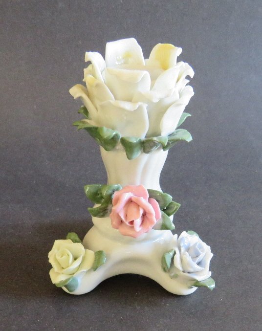 Rococo Style Porcelain Candle Holder Rose Design: Vintage Rococo style porcelain candle holder, floral, rose design, unmarked. US: Priority (c.2-4 days) ----------- $9.50 Canada: 1st Class (c.2-6 weeks) ---- $22.50 World: 1st Class (c.2-8 weeks) ----