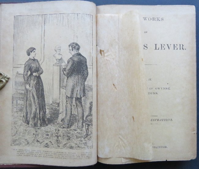 Levers, Knight of Gwynne, Davenport Dunn, 1882, illustr: The Works of Charles Lever Vol.II containing "The Knight of Gwynne" and "Davenport Dunn" with 30 full-page illustrations by M.L. Flanery. Published by P. F. Collier, New York, 1882. In the middle of t