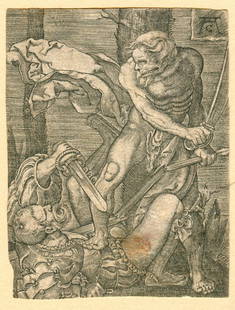 Allaert Claesz, Soldier, Dance of Death 1530s Engraving: Allaert Claesz, (Aertgen van Leyden), "Soldier Overcome by Death", Flemish, 1520s-50s, after Jacob Binck, copper engraving on paper, signed with monogram "AC" on a tablet at upper right corner, c.2.3/