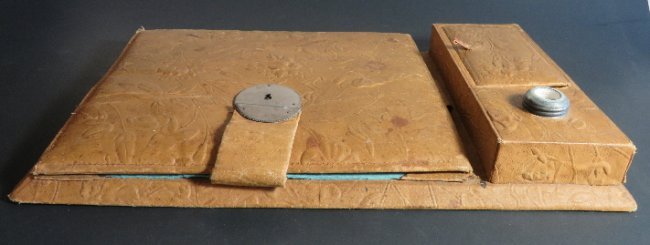 Portable Art Nouveau Desktop Portfolio Set 1910s-1920s: Antique portable Art Nouveau portfolio with a desktop set. The set consists of a writing pad, pen or pencil holder, box for office accessories and glass inkwell with a metal rim. All build into Art No