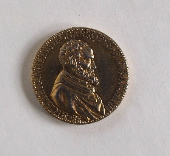Leone Leoni, Michelangelo medal, German 19th cent. copy: German 19th century facsimile reproduction of the Michelangelo medal created by the sculptor Leone Leoni in 1560. The portrait of Michelangelo on one side and pilgrim led by a dog, the symbol of faith