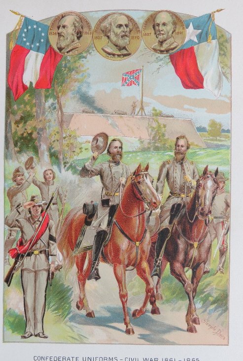 Davis, Confederate Uniforms Civil War 1861- 65 Litho: "Confederate Uniforms Civil War 1861-1865" by John Steeple Davis, original antique lithography 1890s. Imprinted artist's signature "J. Steeple Davis" in the lower right corner. John Steeple Davis (184