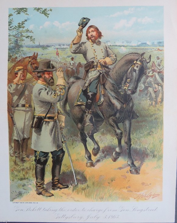Ogden, Gen Pickett and Gen Longstreet, Gettysburg 1863: "Gen. Pickett taking the order to charge from Gen. Longstreet, Gettysburg, July 3, 1863" by Henry Alexander Ogden, original antique lithography, 1900. Imprinted artist's signature "H.A.Ogden" in the l