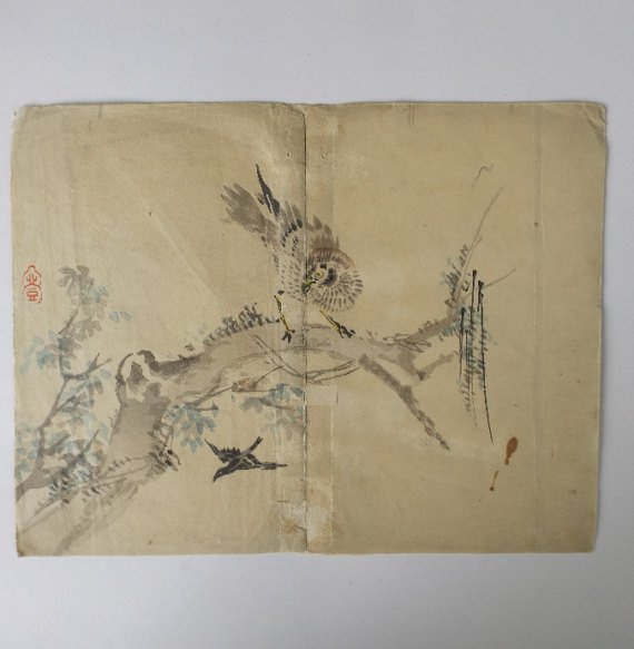 Kazan Watanabe, Sparrowhawk, 1stPrint 1911 Woodblock: "Sparrowhawk and Large Billed Crow", by Kazan Watanabe, woodblock print from Kazan Gafu, printed and published by Yoshkawa Kobunkan, Kyoto in 1911, Meiji Era. This is the original authentic 1911 woodb