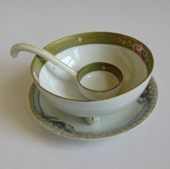 Antique Set Nippon fine porcelain bowl spoon 1891-1921: Antique set, hand painted Nippon fine porcelain bowl and spoon; the mark indicates that the bowl was created in the years between 1891 and 1921; the antique Carrollton saucer is marked with the earlie