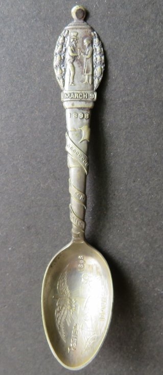 Souvenir Spoon of the Spanish American War, 1898: Original antique souvenir spoon created in 1898. The relief inside the spoon's bowl shows the explosion of USS Maine in Havana Harbor in Cuba, on February 15, 1898. [This event led to the U.S. interve