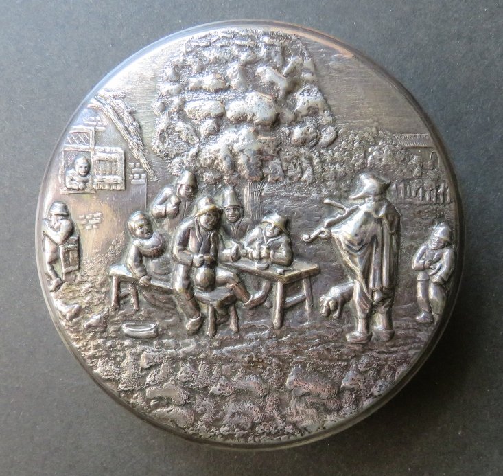 Hans Jensen Denmark Repousse Jewelry Box 1950s: Vintage Hans Jensen jewelry box with an incredibly detailed repousse village scene on the lid. The bottom of the box stamped "DENMARK" with Hans Jensen whale hallmark. Appears like solid silver, howev