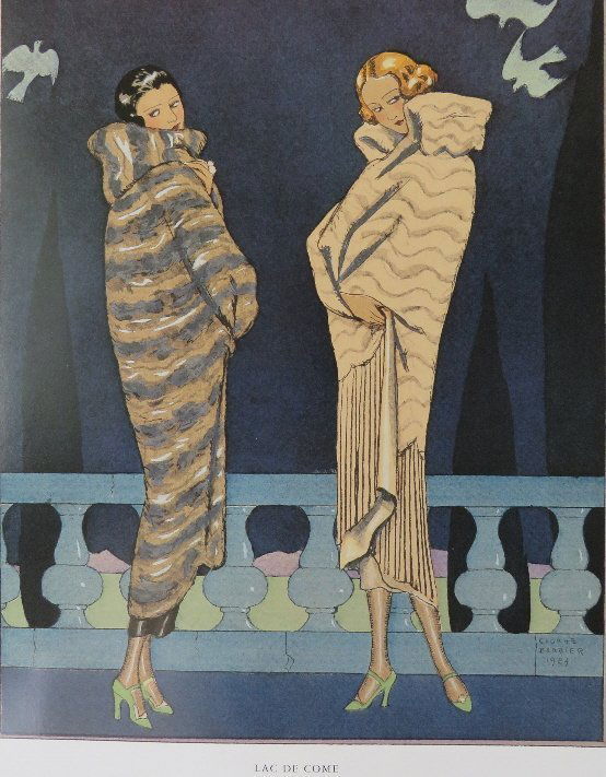 Max-A Leroy, Fur Coats, Lac De Come 1924 George Barbier: "Lac De Come" (Lake Como), fur coats by Max-A. Leroy, color stencil (pochoir) by George Barbier. From the "Gazette du Bon Ton" (Paris, 1924) no.10, plate 54. The Marian Angell Boyer and Francis Boyer