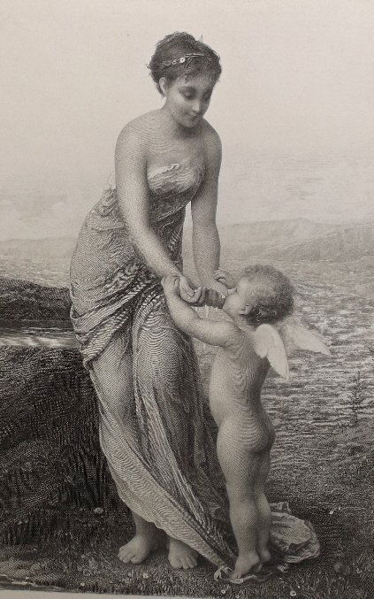 Jean Ernest Aubert, At the Fountain engraving 1880: "At the Fountain" by Jean-Ernest Aubert (French, 1824-1906), antique steel engraving by Charles Eugene Thibault (1835-?), signed in plate "Painted by Aubert" and "Engraved by Thibault," published by S