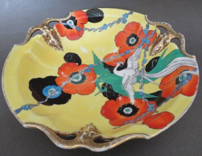 Noritake Hand Painted Art Deco Porcelain Bowl, 1930s: Ultra Art Deco 1930s, hand painted porcelain bowl, phoenix with green shadow bird, red and black poppies, imperial yellow background, by Noritake, Japan. The porcelain mark: "M" in a wreath for Morimu