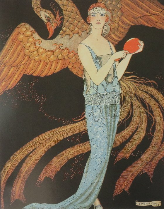 Gustave Beer, 1922 Evening Dress Sorcery, G Barbier: "Sortileges" (Sorcery) evening dress [Lady in evening dress with immortal bird Phoenix in the background]. Dress designed by Gustave Beer, Art Nouveau artwork by George Barbier. From the "Gazette du B