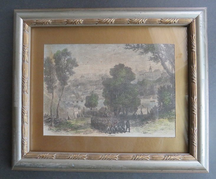 Petersburg Virginia Civil War wood engraving 1866: Antique "Petersburg" [Petersburg, Virginia], original hand-colored wood engraving from the "Harper's History of Great Rebellion" (1866) framed in wooden glass frame. The engraving shows the view on th